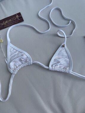 White Brazilian Textured micro Triangle Bikini Top - gold details in fabric